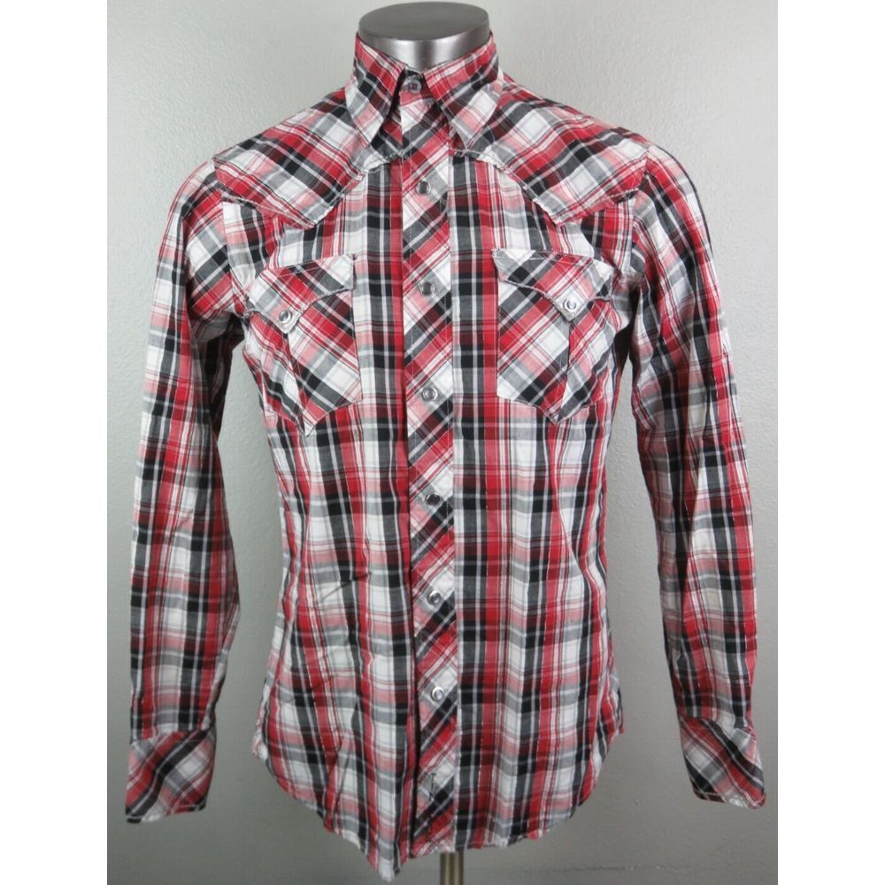 Mens Tin Haul Metallic Pearl Snap‎ Shirt Red Plaid Size S Geometric Buttons Flip